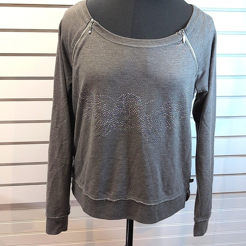 Rock & Republic Top Studded Sparkle Skeleton Skull Wings Raw Edge Trim Zippers L